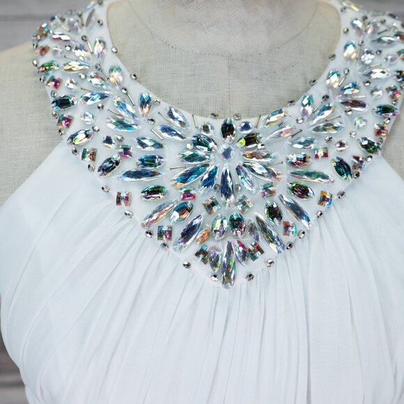 Sequin Hearts White Formal Dress Iridescent Jewels at Neckline & Uneven Skirt - Picture 8 of 9